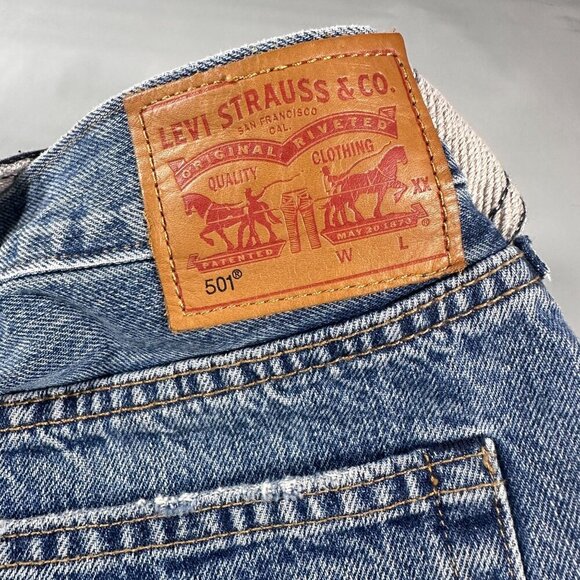 Levis 501 Jeans Women Patchwork Denim Ragged Lands Color Block Raw Hem Straight - Picture 3 of 16